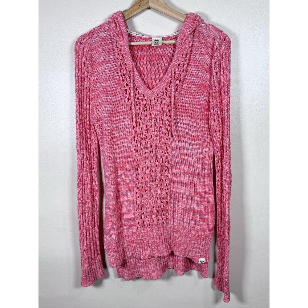 Roxy Womens Hoodie Sweater Open Knit Crochet Pink Beach Boho Large - Picture 1 of 7